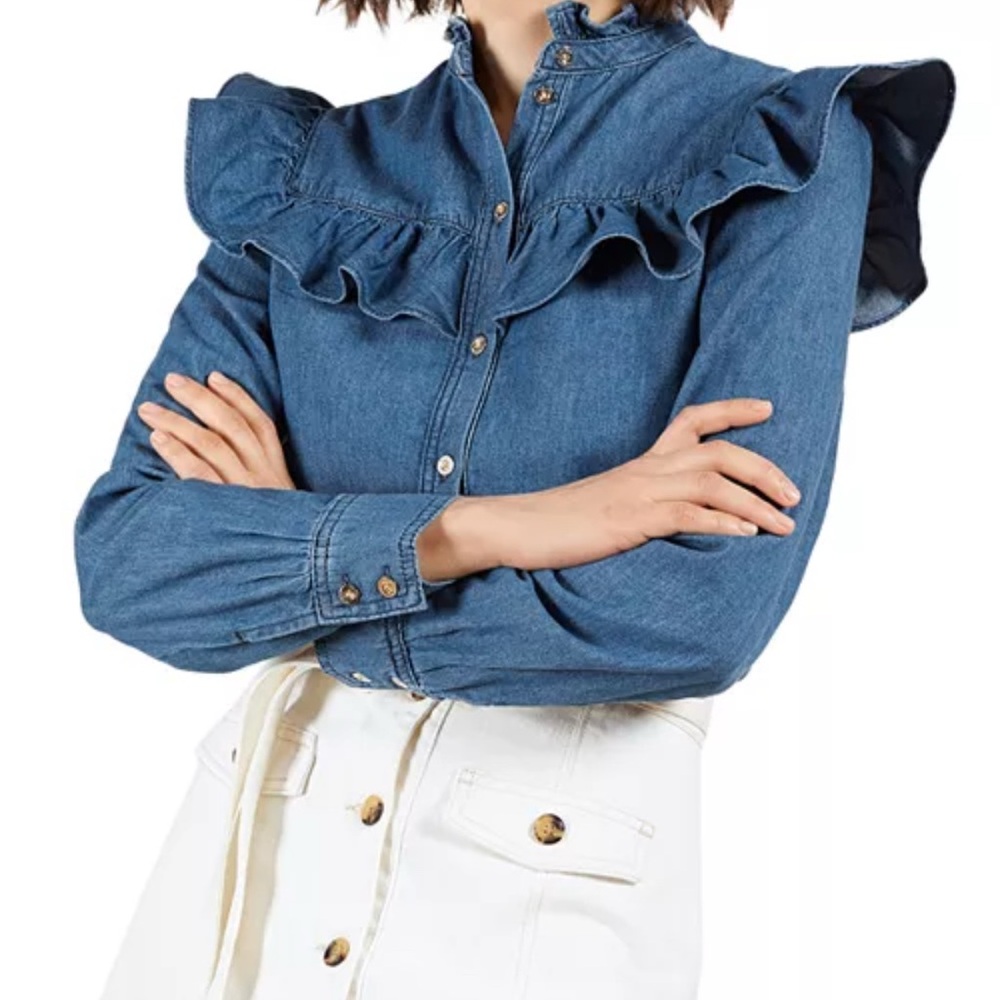 Ted Baker LONDON Aviira Ruffled Trimmed Denim Blouse  Size 0